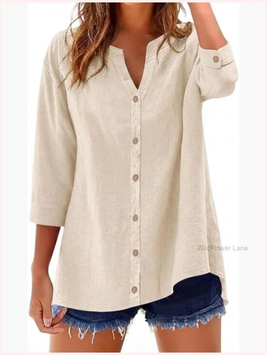 Tops - Womens Linen Button Down Shirt 3/4 Sleeve Tunic Blouse